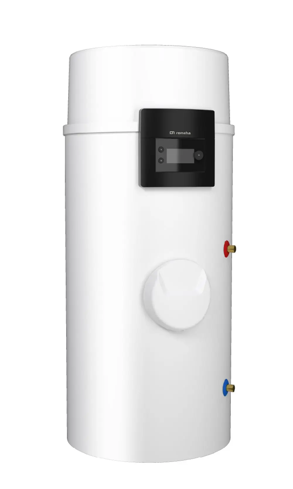 Remeha-Wärmepumpe in zylindrischer Form, weiß, mit digitalem Display und Anschlüssen für Wasserleitungen an der Vorderseite und den Seiten.